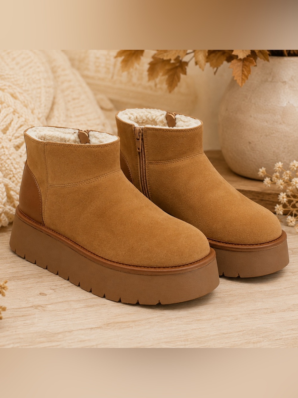 Wild Fable Missy Faux Suede Platform Ankle Boots Tan Faux Shearling Memory Foam